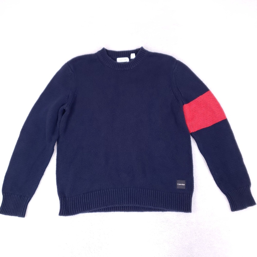 Calvin Klein Men's Sweater L‎ Navy Red Stripe Sleeve Cotton Silk Crew Neck